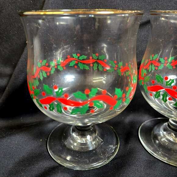 Set (6) Libbey Holly Berry Champagne Sherbet Goblets Gold Rim Christmas Glasses - Picture 4 of 16